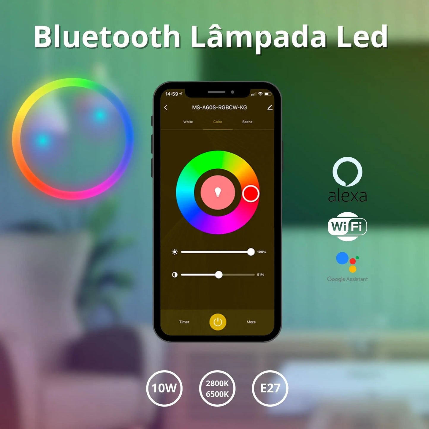Smart Lamp Led Bulb Wifi Alexa Google 10W RGB C/ Dimerizavel With Scenes Function App Control
