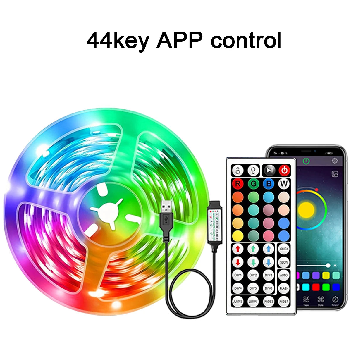 Fita LED USB 5V RGB – Controle Remoto + APP, 10m