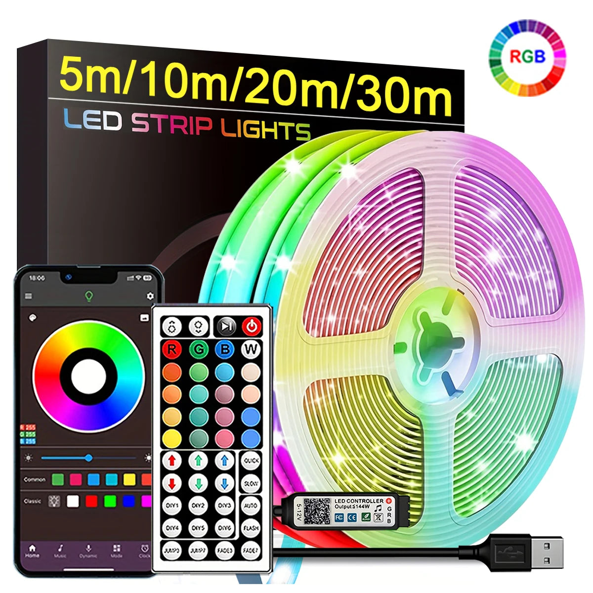 Fita LED USB 5V RGB – Controle Remoto + APP, 10m