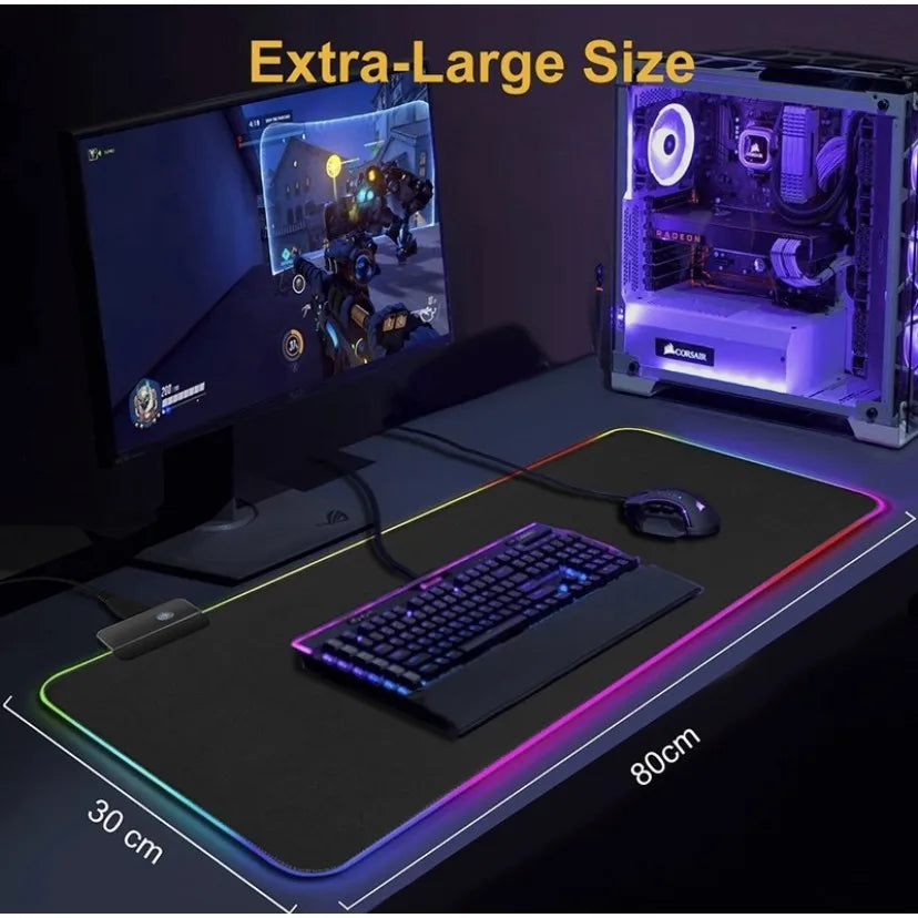 Mouse Pad Gamer RGB 80x30cm – Iluminação 7 Cores, Precisão e Estilo para Sua Jogada!