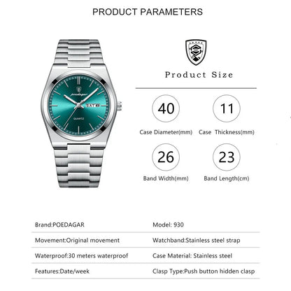 Relógio HOLUNS Poedagar Quartz de Luxo - Aço Inoxidável e Calendário Completo