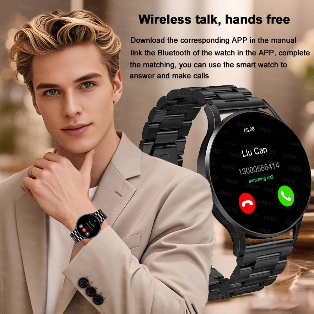 Relógio Inteligente,  Smartwatch UXEX 1,32" – Monitor Cardíaco, Oxímetro, Passos, Música, Chamadas e Pulseira de Aço Fino